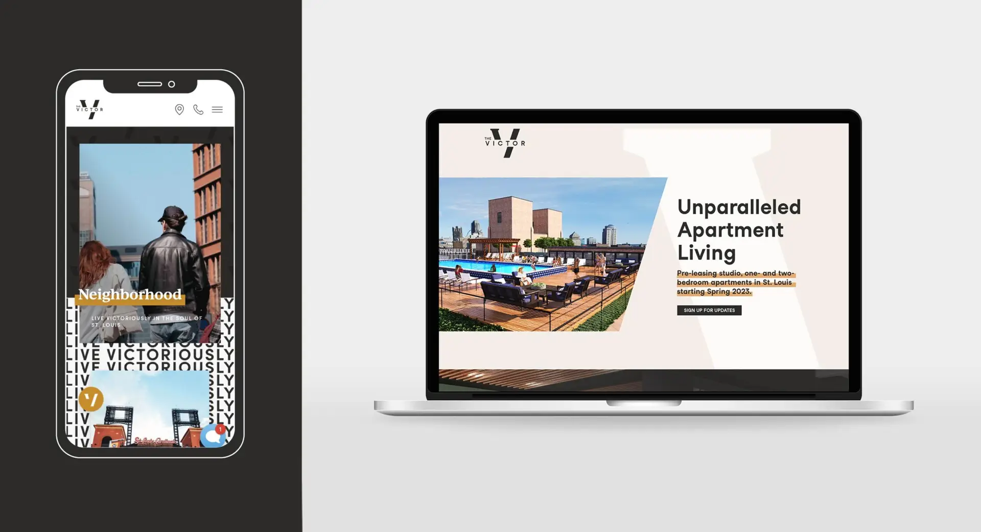 The Victor website displayed on a laptop and a phone screen