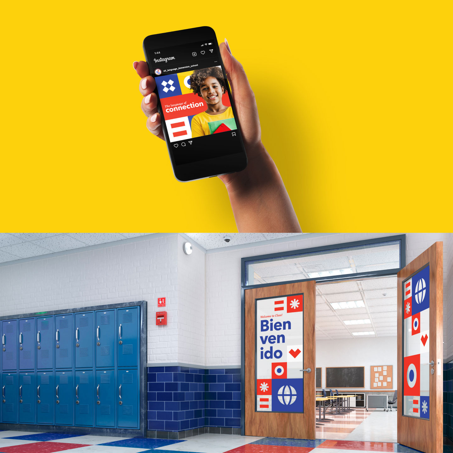 Multiple branded assets for St. Louis Language Immersion School, including environmental signage on classroom doorway and Instagram social media post
