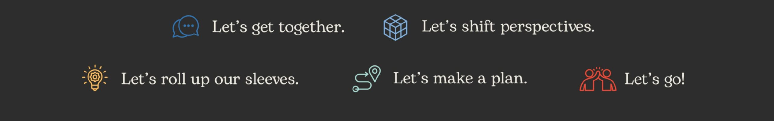 Illustrated icon elements from the High Five Strategies brand identity represent the company's methodology. Text with the icons says "Let's get together. Let's shift perspectives. Let's roll up our sleeves. Let's make a plan. Let's go!"