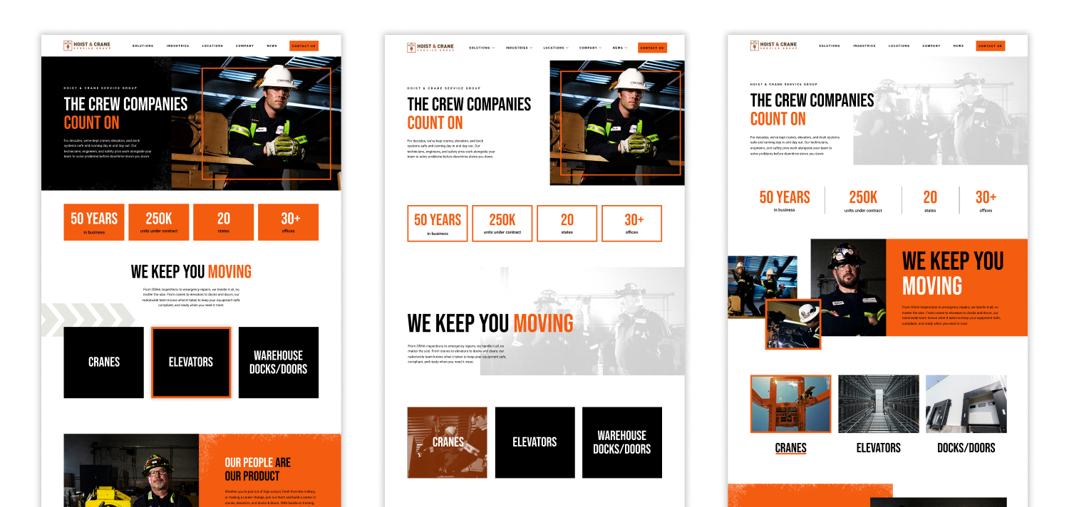 Early page concepts from the Hoist & Crane website design