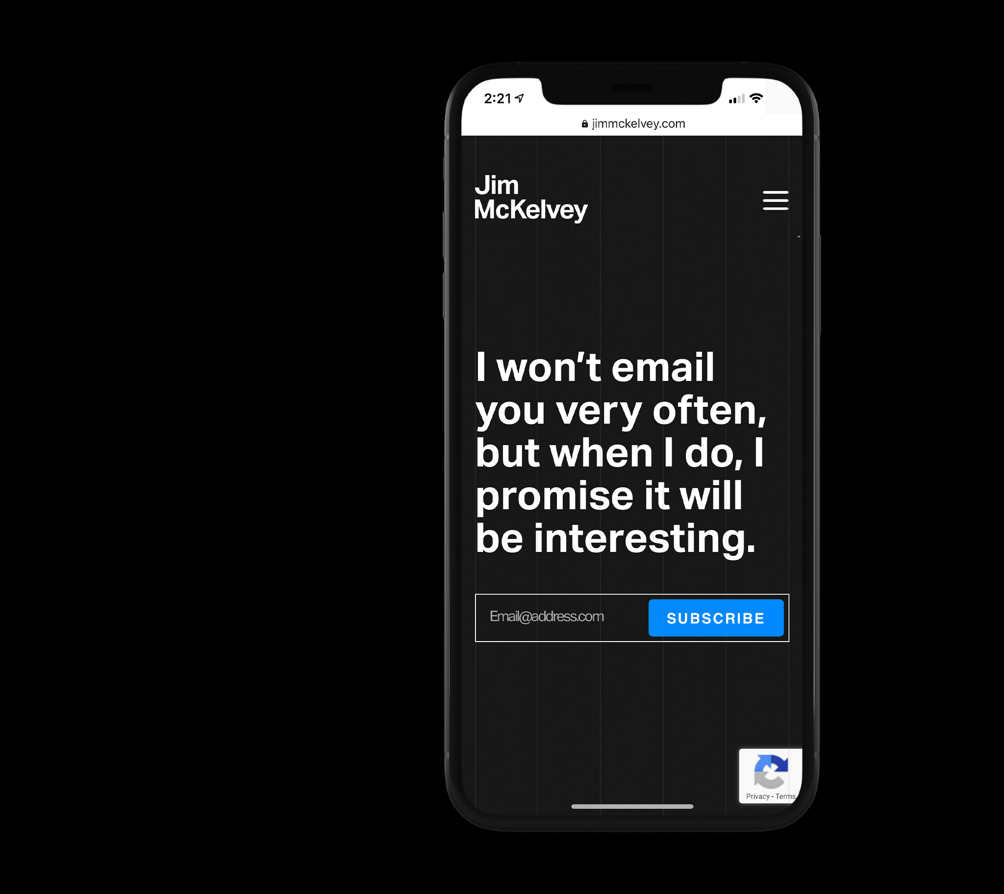 A cell phone with the newsletter signup form from Jim McKelvey's website design