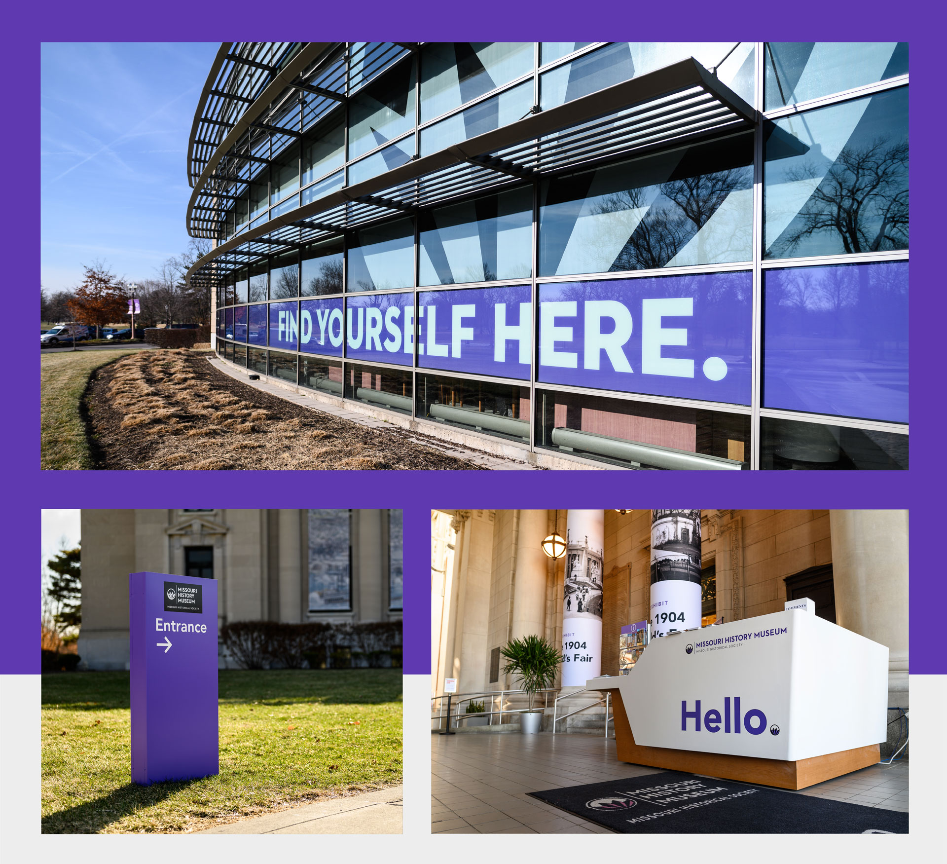 Missouri History Museum exterior signage design and welcome desk inside the entrance