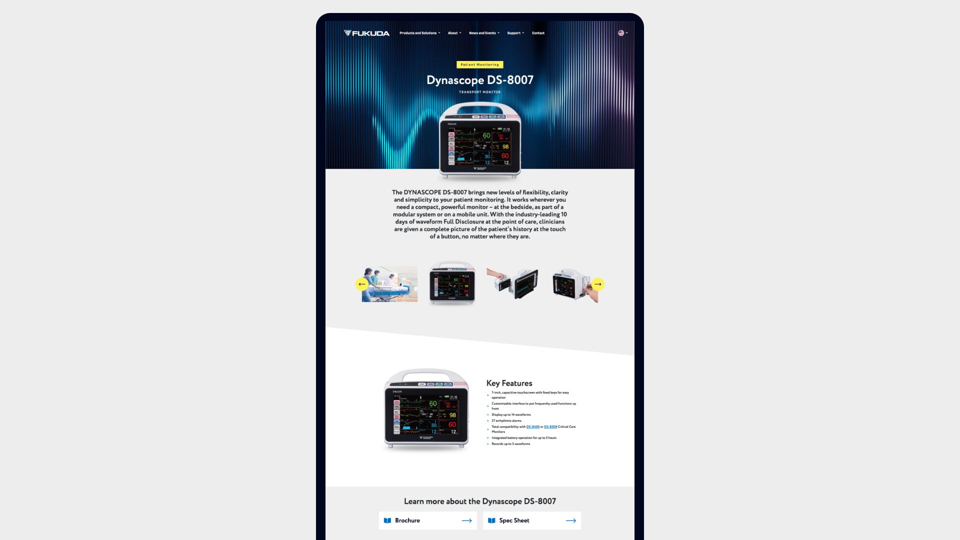 A product page from the Fukuda Denshi website design
