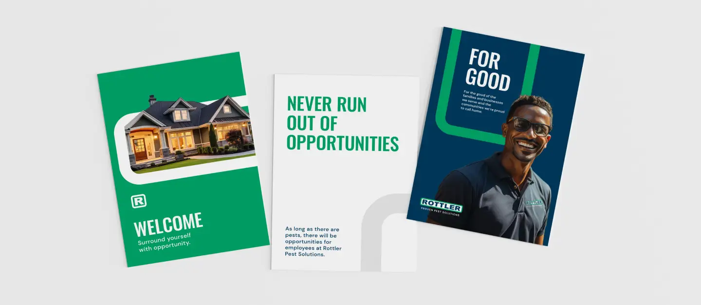 Pest control brand identity for Rottler applied to marketing materials