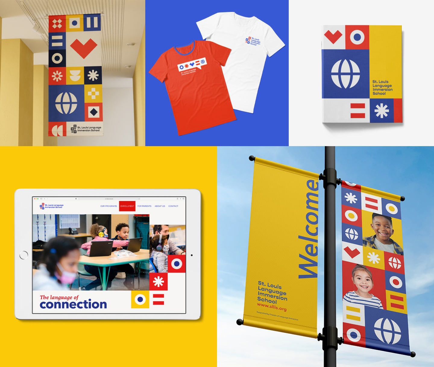 Multiple branded pieces for St. Louis Language Immersion School, including t-shirts, signs, brochures, street pole banners and the homepage of their website