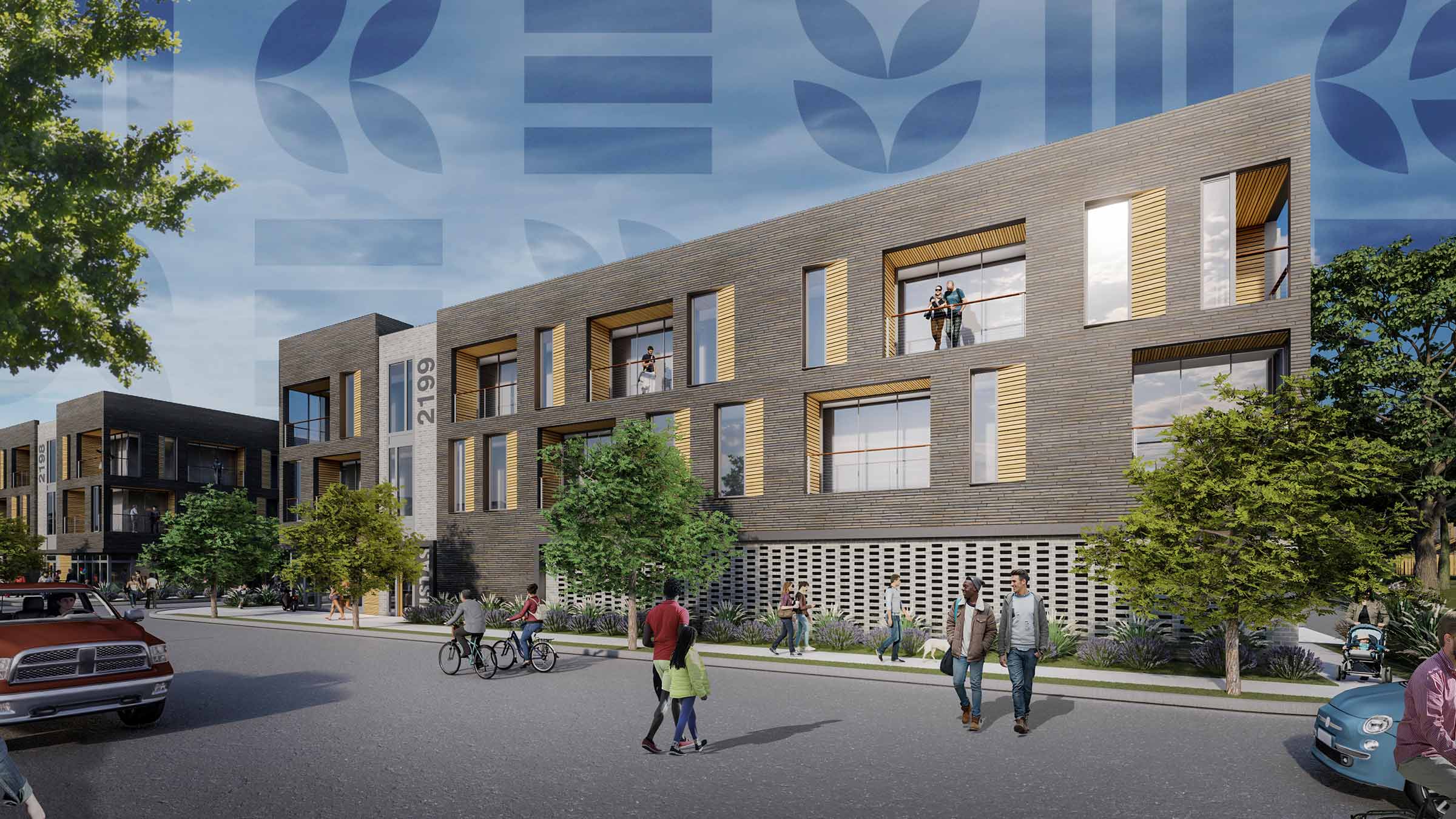 A rendering of the Terra building with the brand pattern