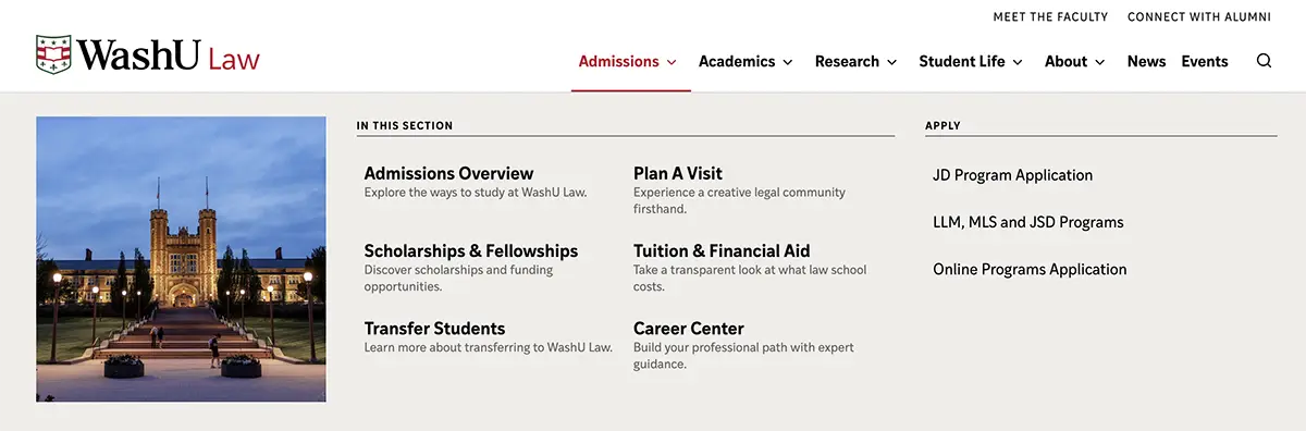 Main navigation from the WashU Law website