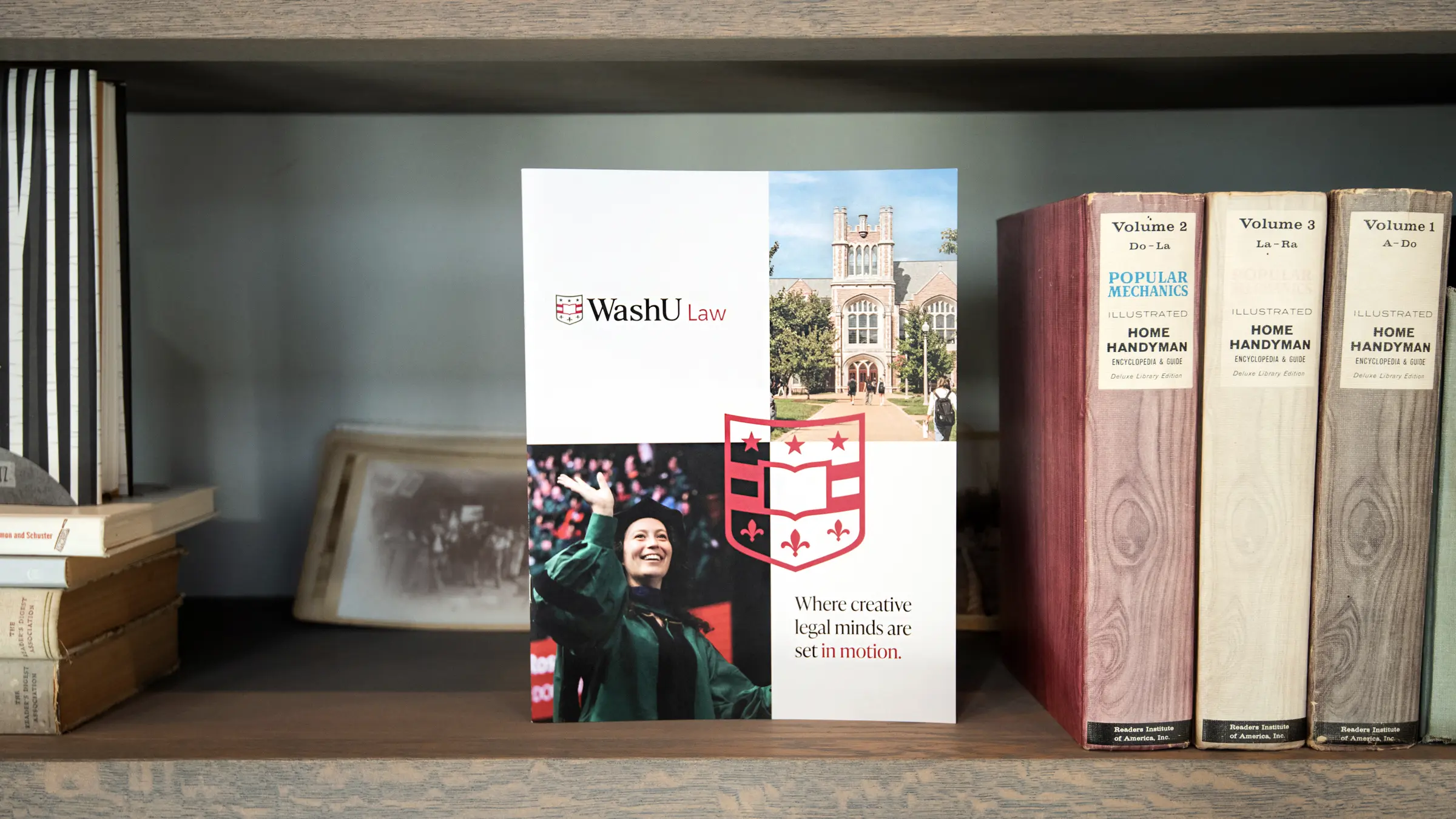 WashU Law admissions brochure with campus imagery and branded shield design.