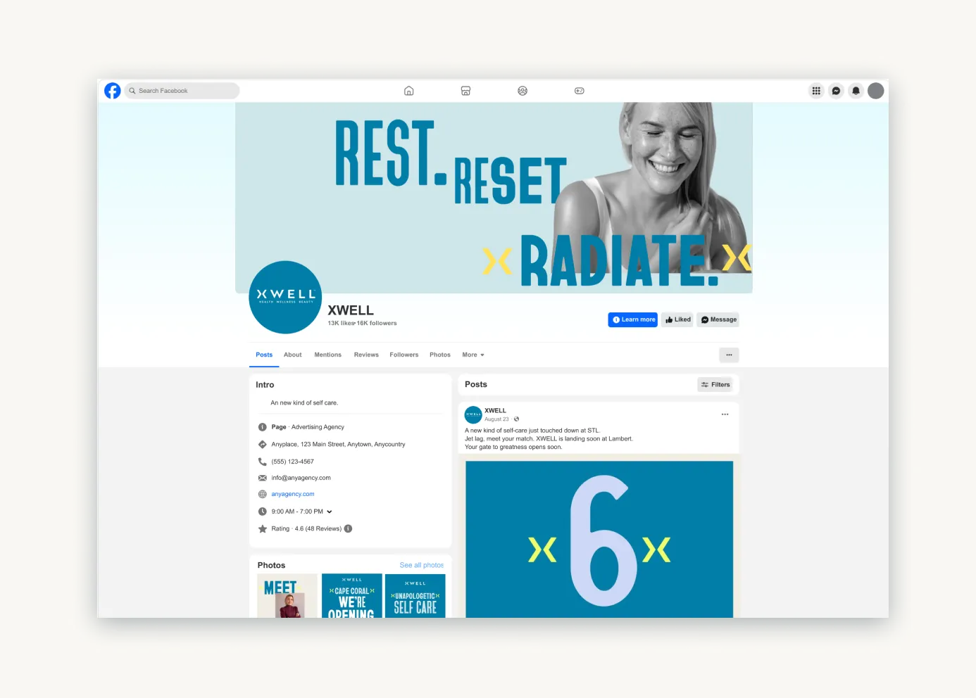 Facebook page with the new Xwell brand identity