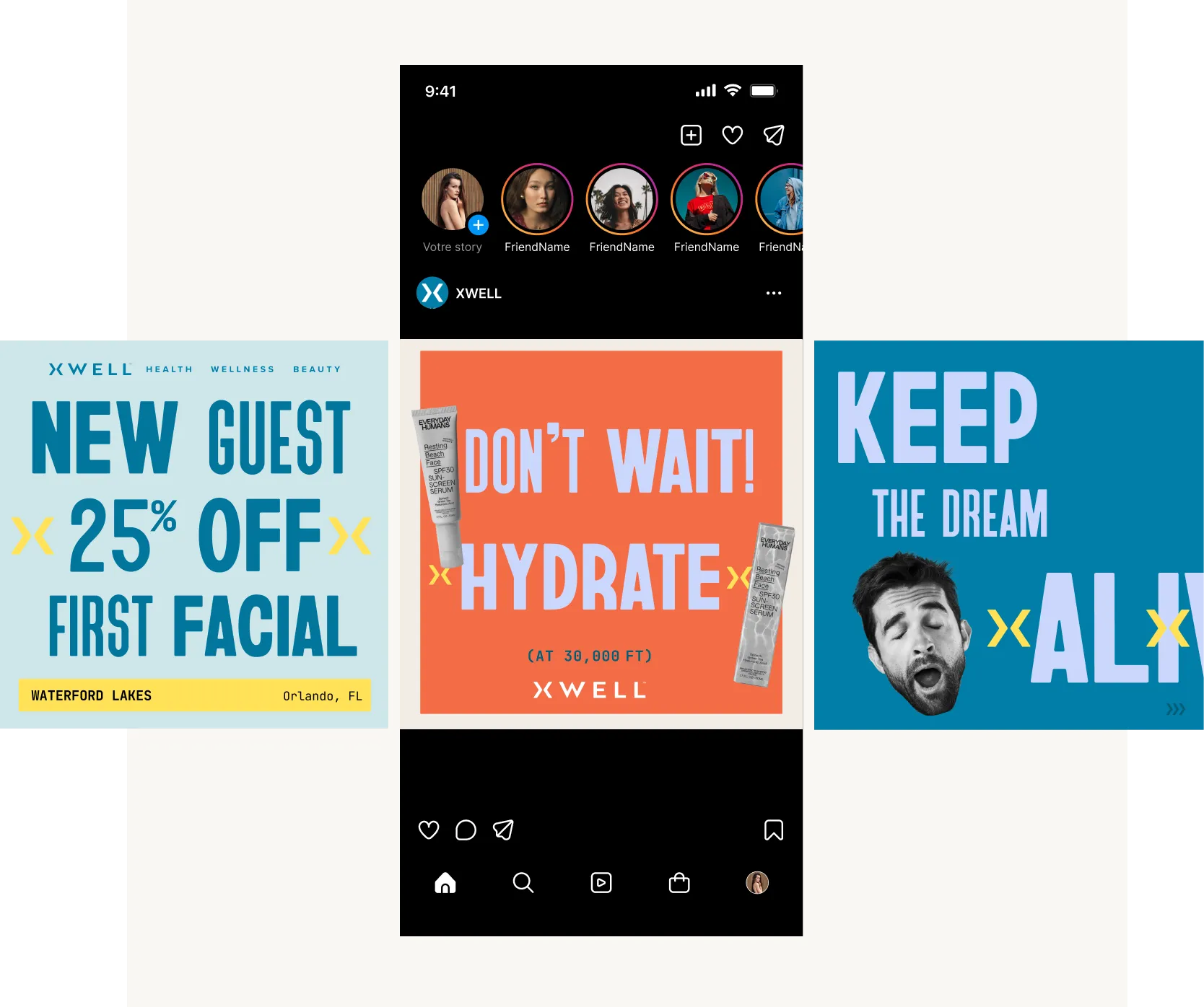 Social media posts with the new Xwell brand identity, with phrases like "Don't wait, hydrate"