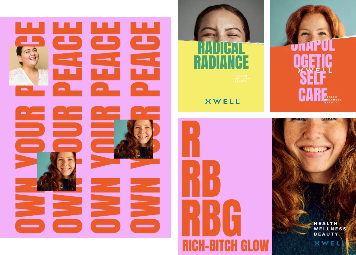 Early brand identity exploration for Xwell rooted in affirmation, with messaging like "own your peace"