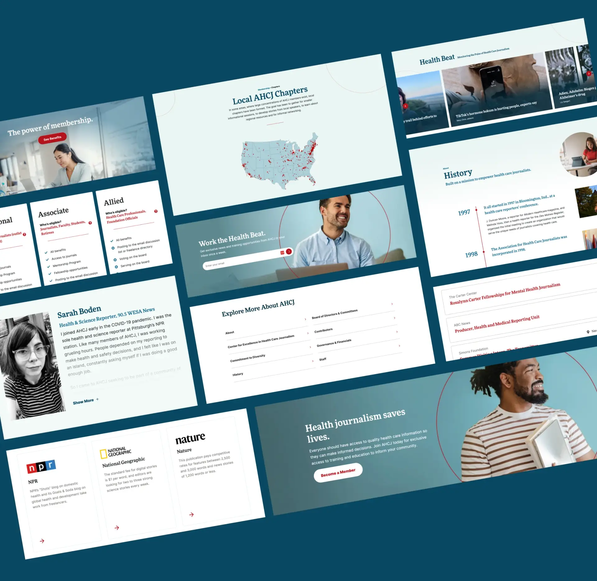 A mosaic of various components and calls to action that were made for the new AHCJ website.
