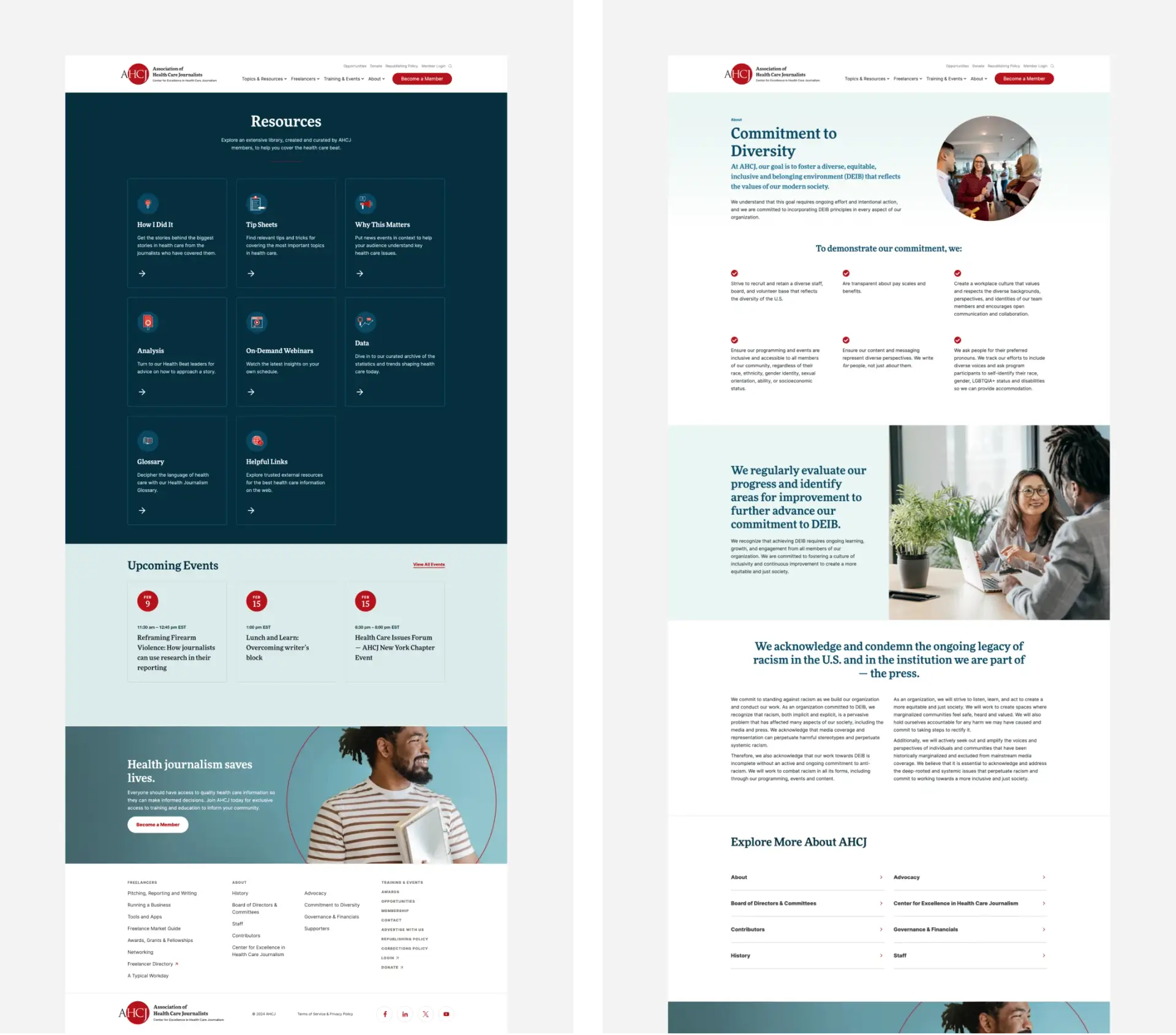 UX/UI layouts of the new Resources and Diversity sections of the AHCJ website.