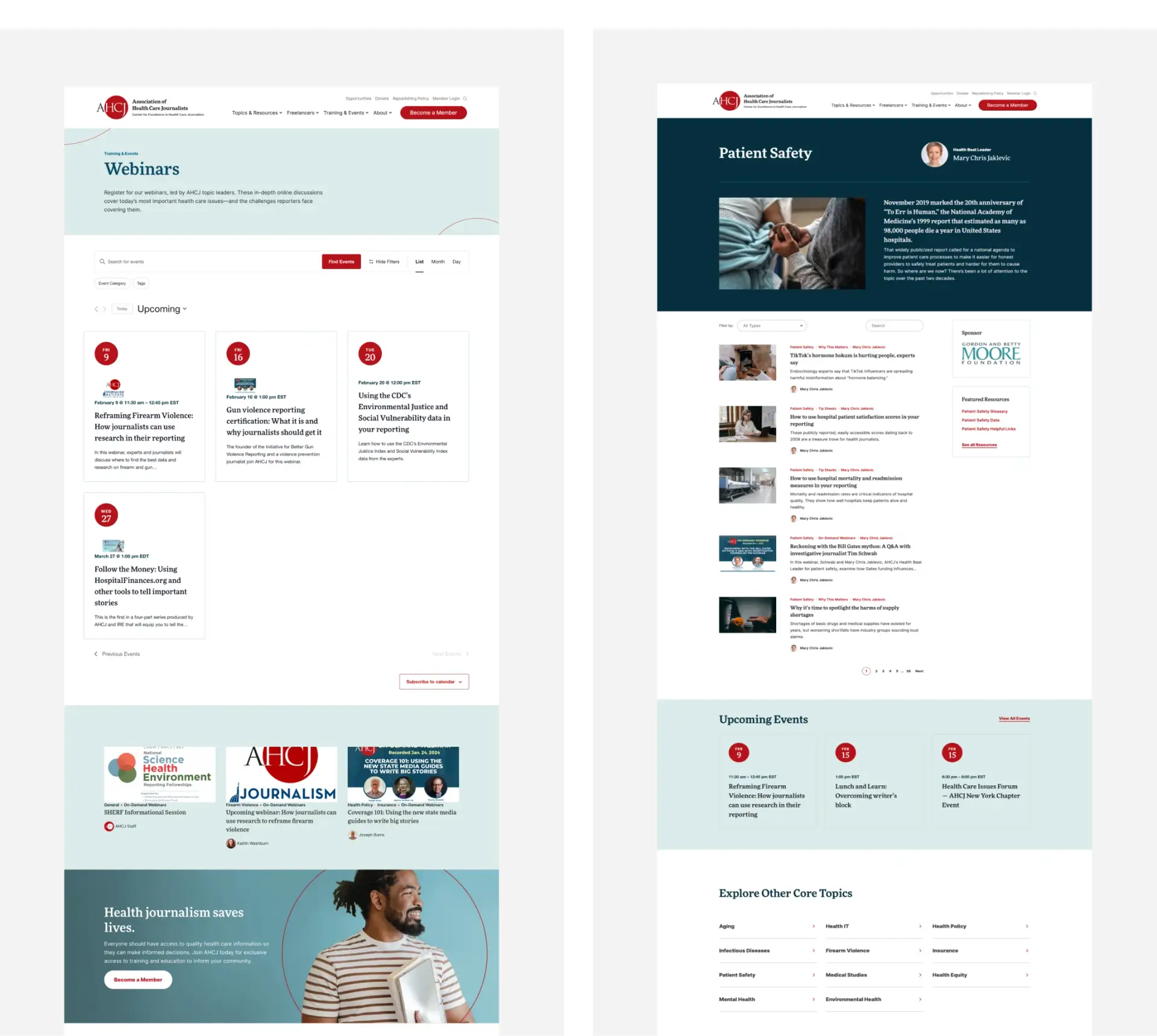 AHCJ UX/UI design for the webinars page and the patient safety page.