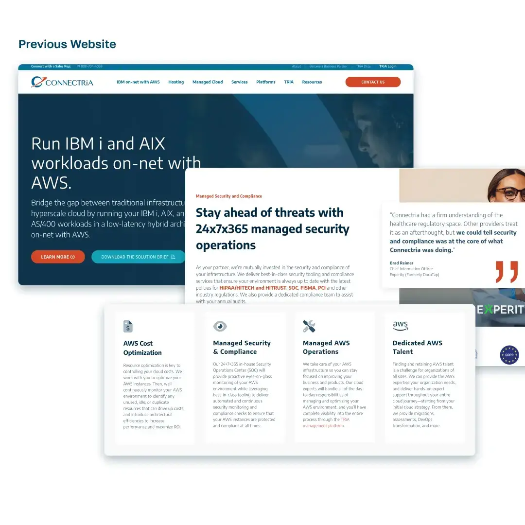 Images of Connectria's old website, before the redesign