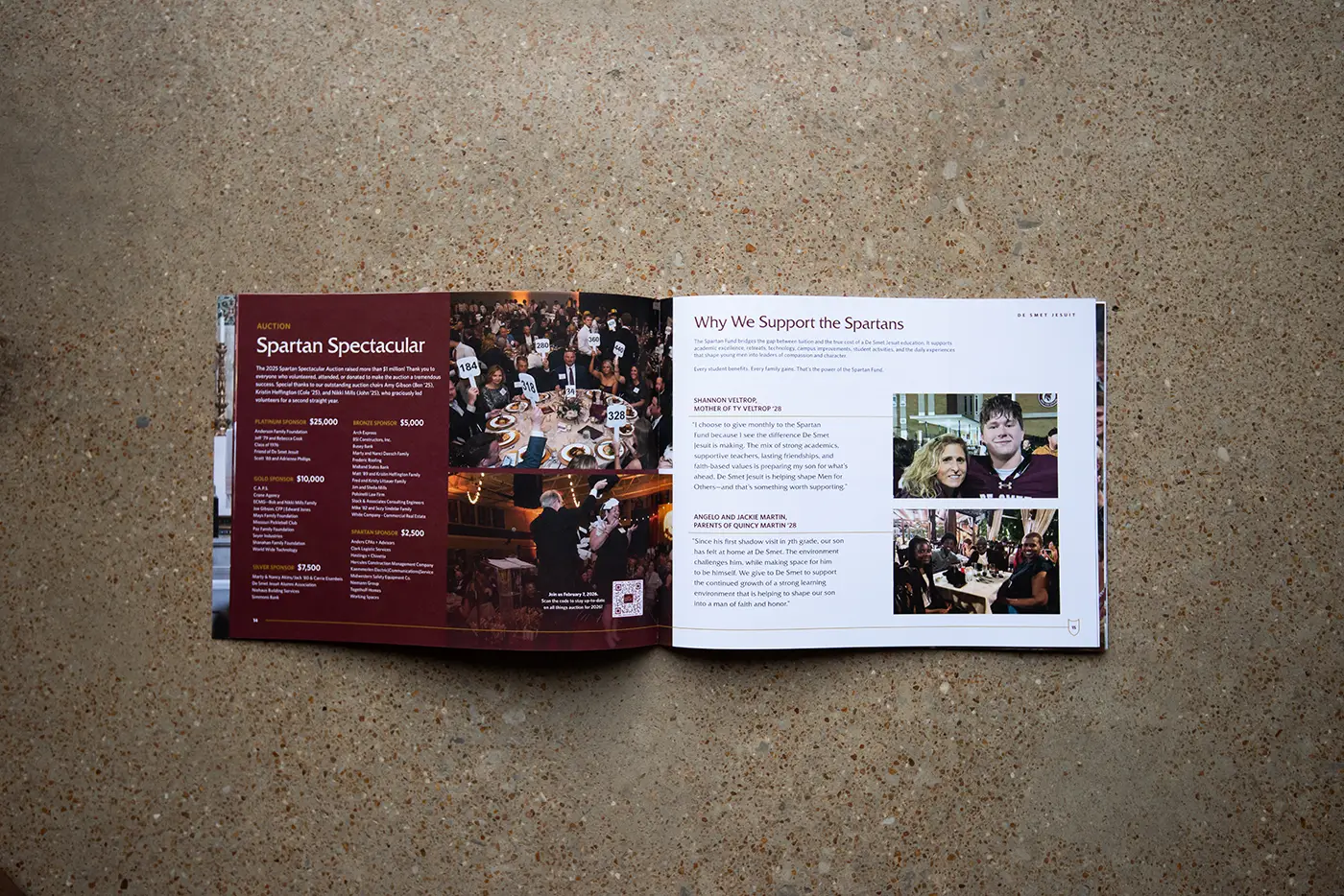 An interior spread of De Smet Jesuit High School's Report of Gratitude