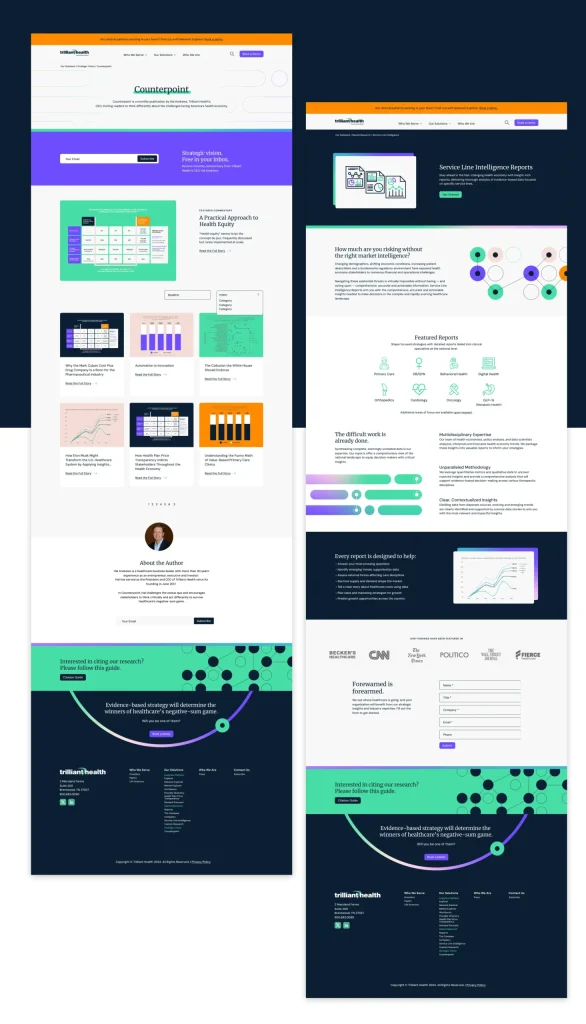 Multiple Trilliant Health web page layouts with charts and reports, healthcare website designed by Atomicdust.