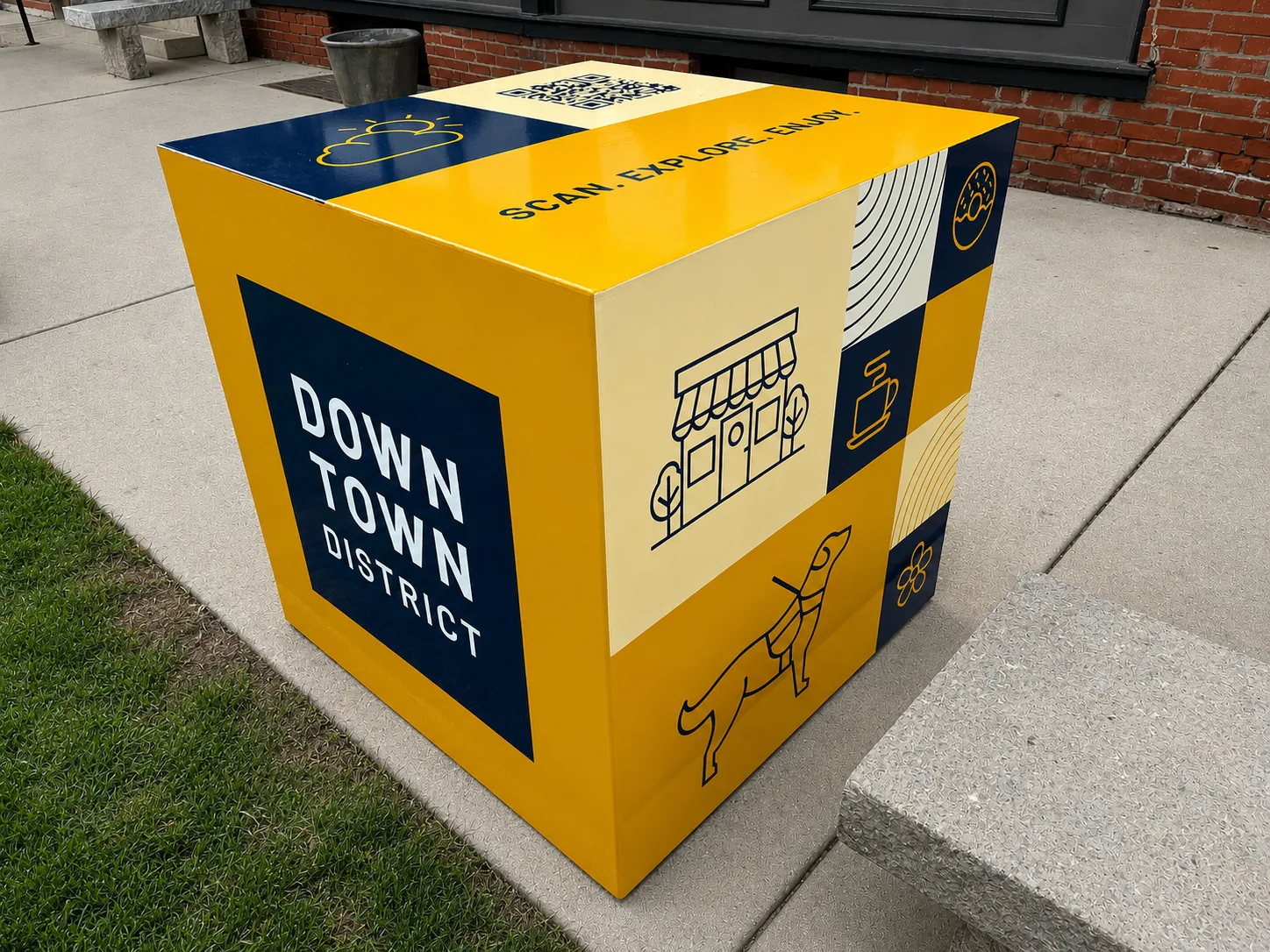 O'Fallon Downtown District "Scan, Explore, Enjoy" branded box with a QR code