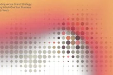 Abstract orange-to-pink halftone graphic for an article on rebranding versus brand strategy.