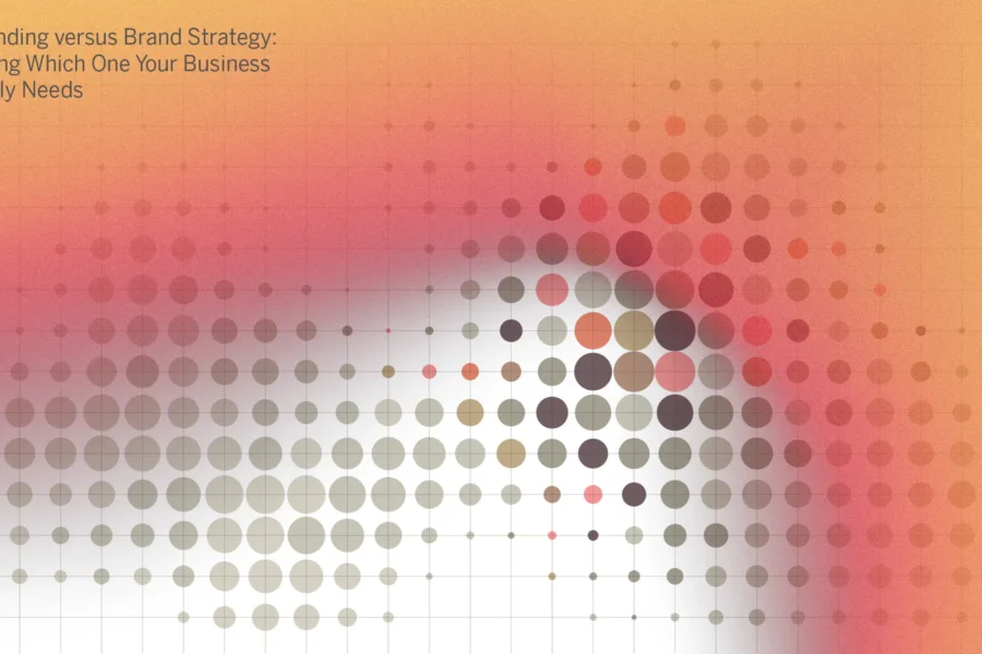 Abstract orange-to-pink halftone graphic for an article on rebranding versus brand strategy.