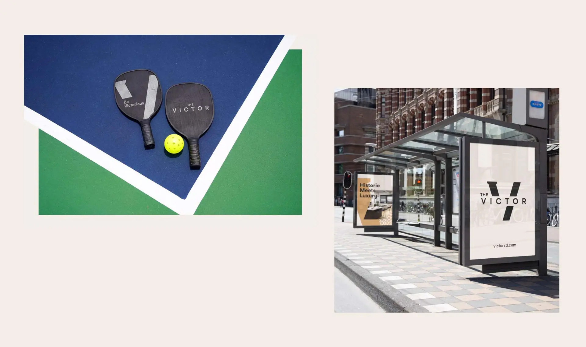Pickleball paddles and a bus shelter ad with The Victor branding
