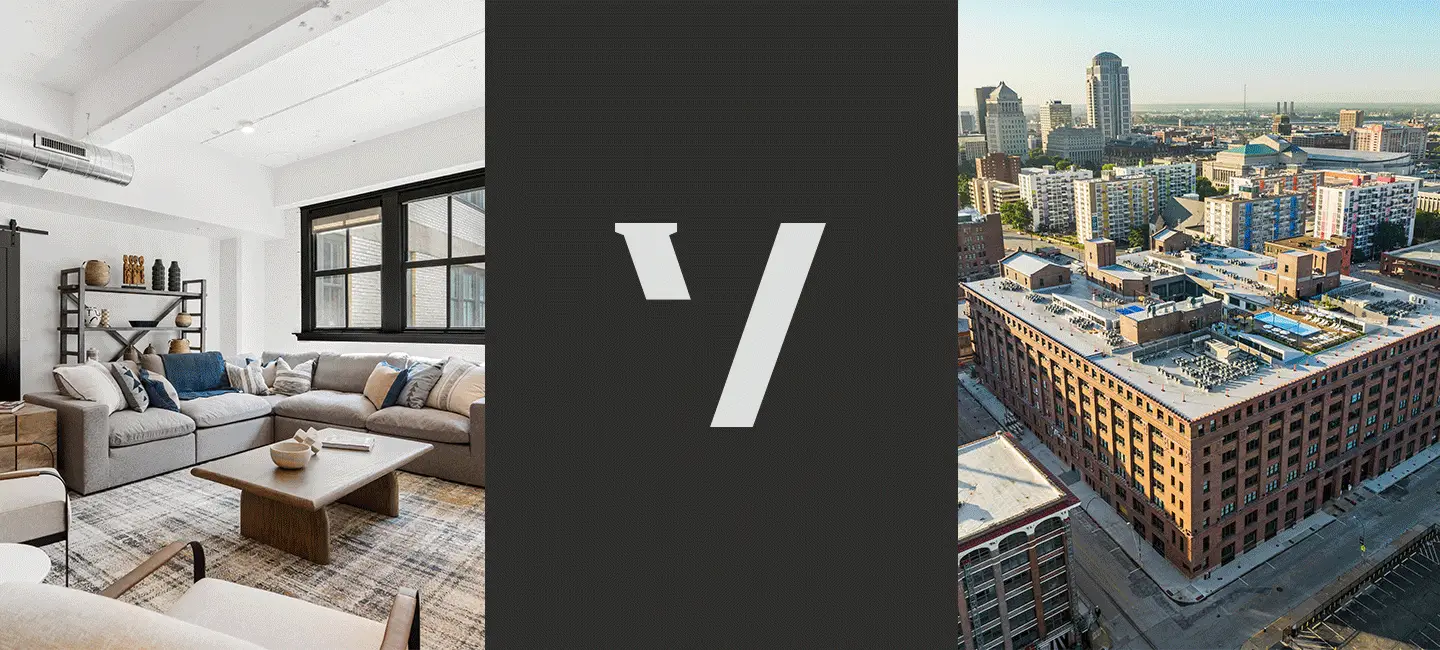 Interiors and exteriors of the Victor building—including a living room, kitchen, gym and outdoor patio area, along with the logo