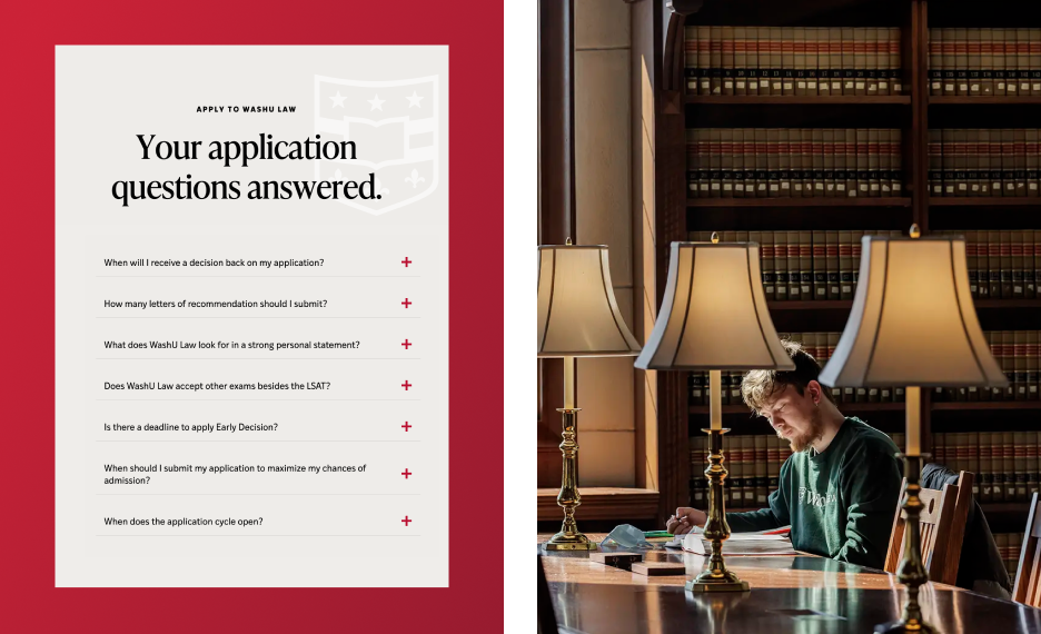 Collage of a student in the WashU Law library and the UX design of the WashU Law website FAQ component