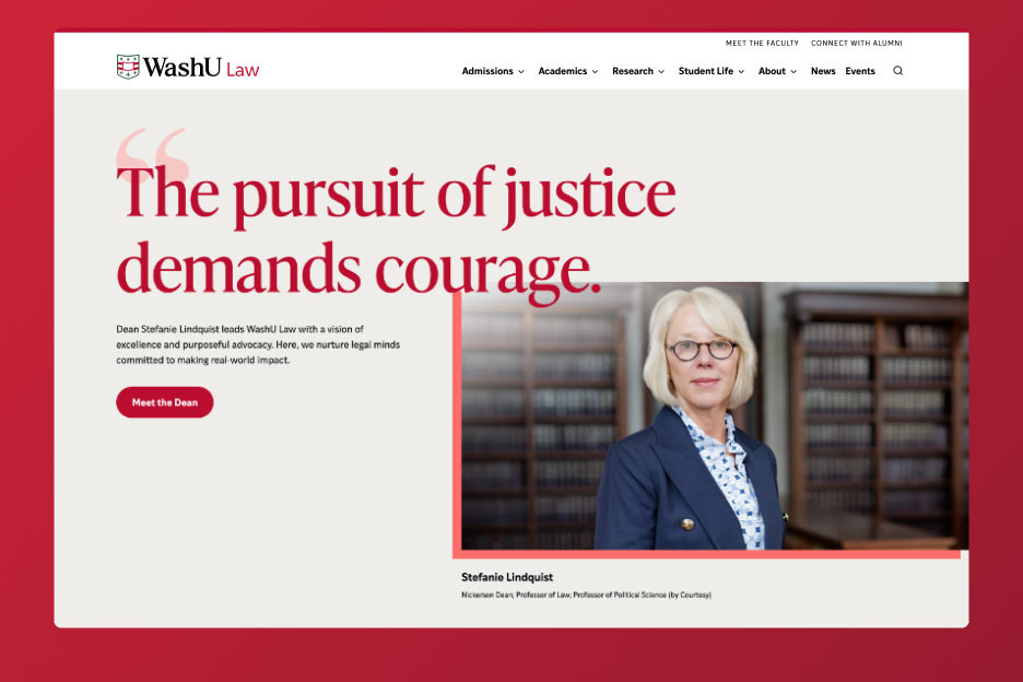 Design of the WashU Law website featuring a quote from the Dean