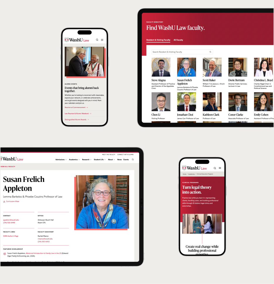 An array of mobile and tablet devices showing the WashU Law website responsive features.