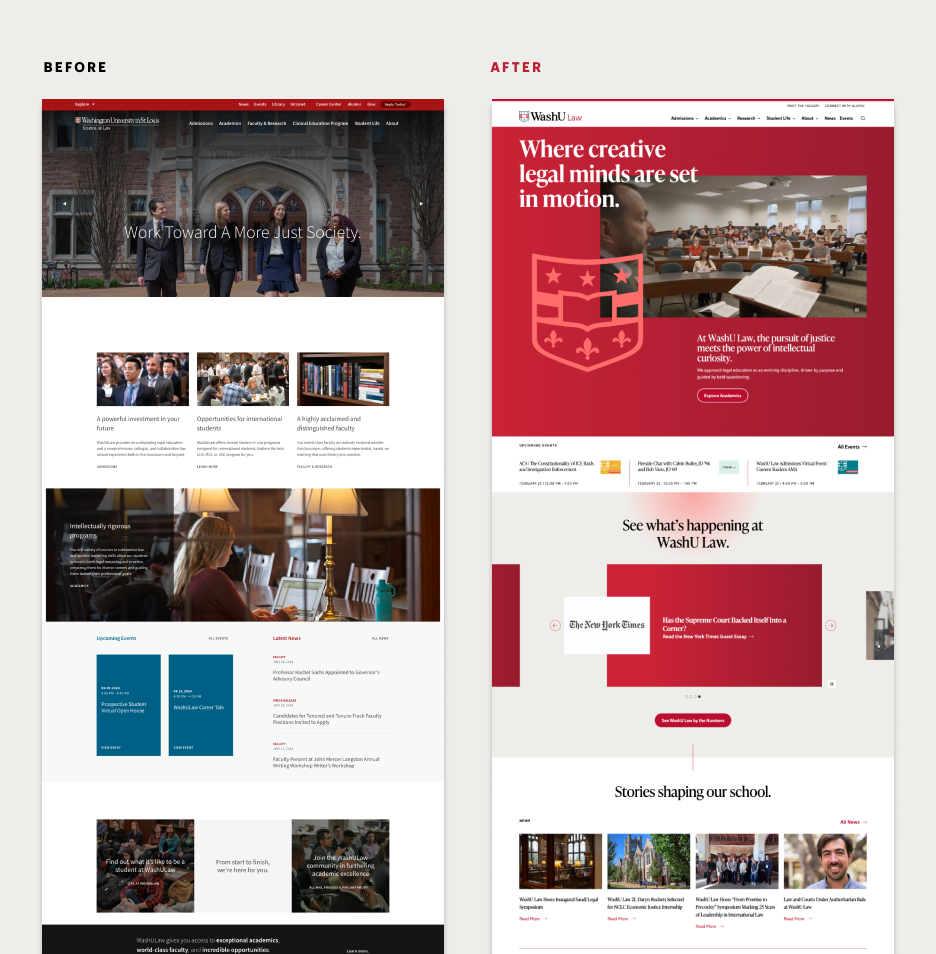 Before and after of the WashU Law website redesign