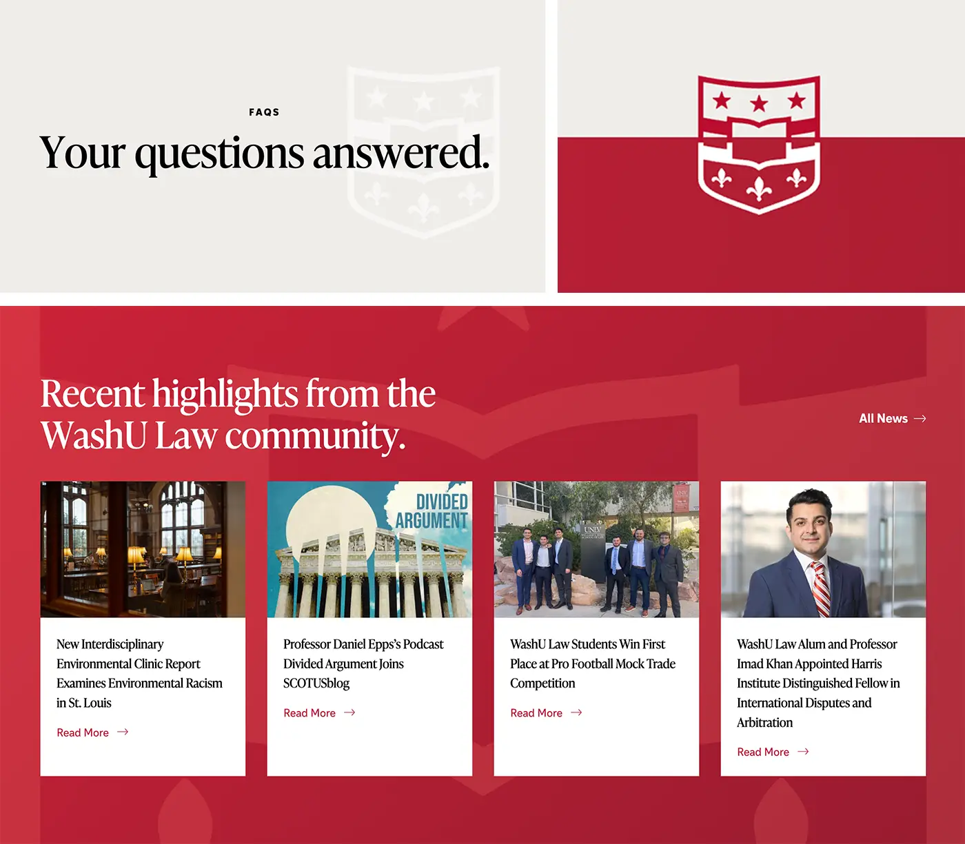 Examples of the WashU shield used in various graphic applications on the WashU Law website design