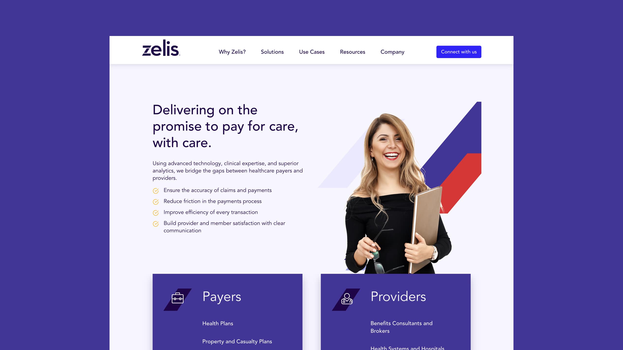 Screenshot of a page from the Zelis website design reflecting the tagline, "Pay for care, with care."