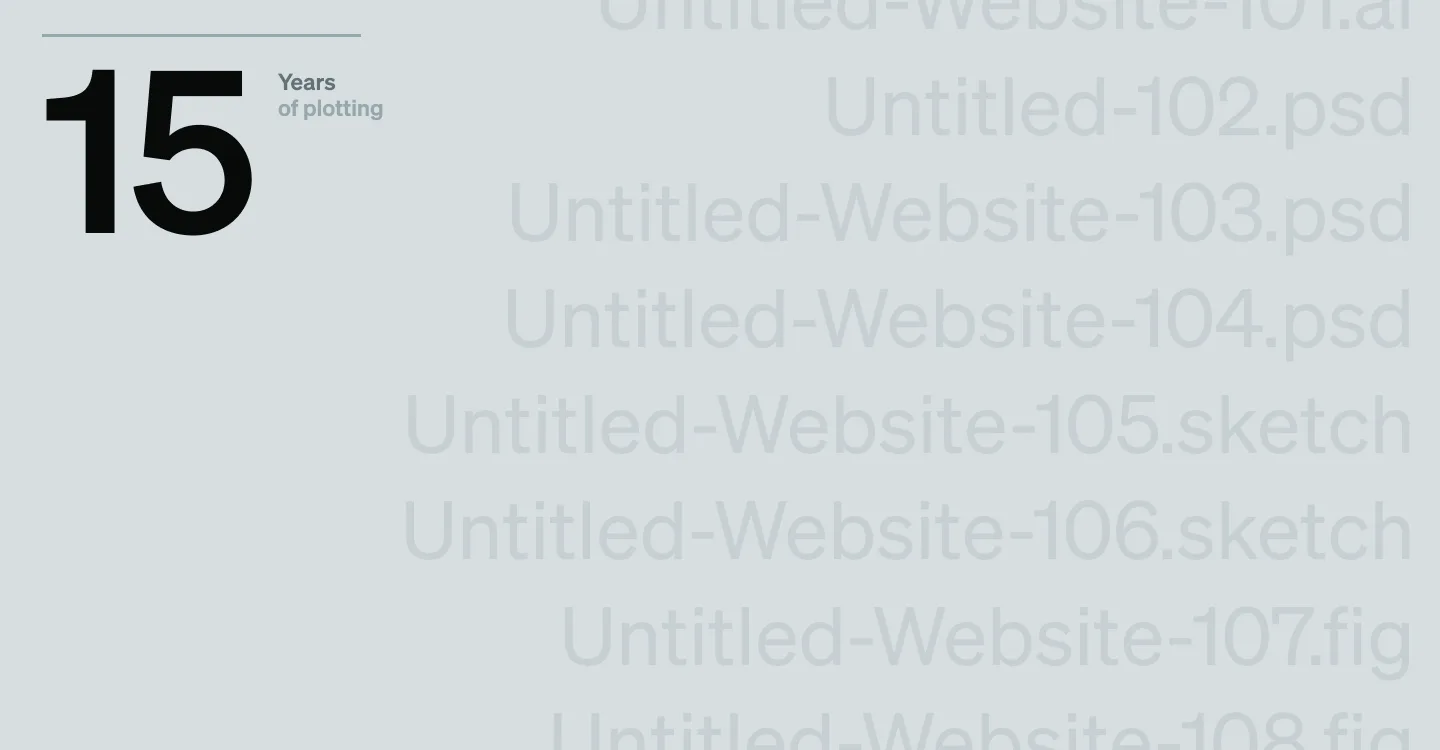 Atomicdust's '15 Years of plotting' graphic over a stack of old untitled website design files