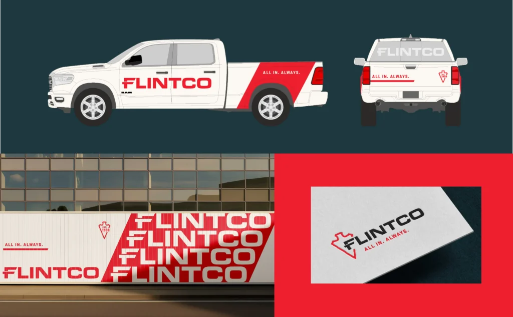 Expressions of the new Flintco brand identity, including branded truck wraps, construction site signage and stationery