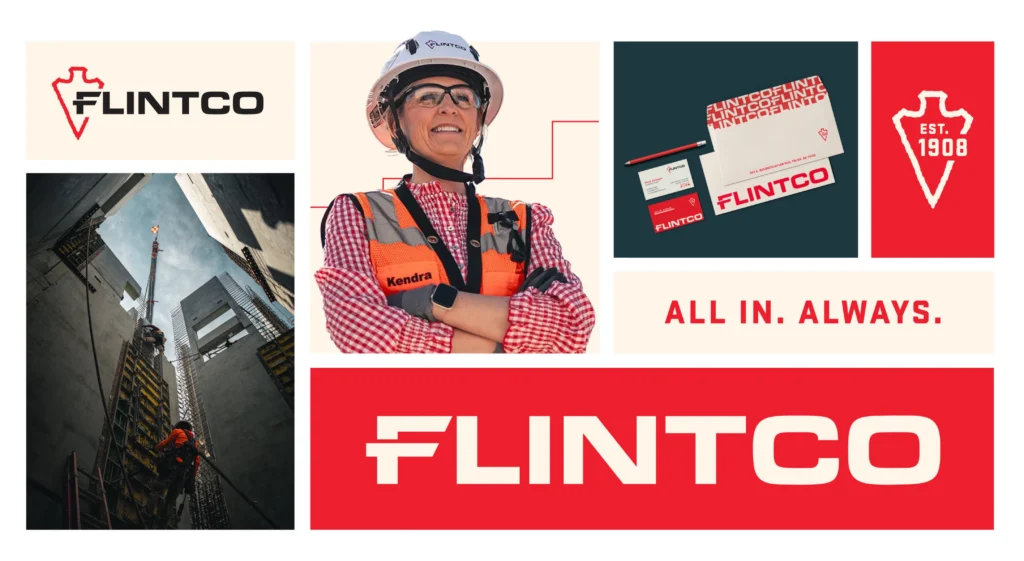 Flintco graphic elements, including the logo, logo mark, tagline and photography