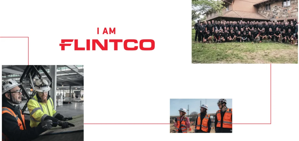 Flintco teams at work with graphic devices from the new brand identity and text that says "I am Flintco."