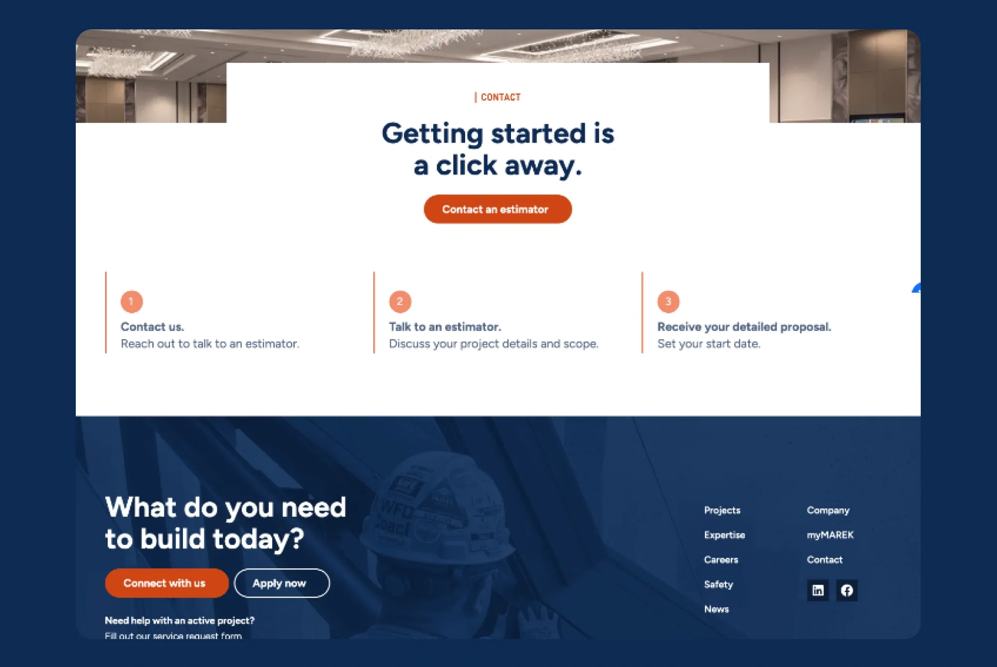 A MAREK website call-to-action section with a three-step "Getting started is a click away" process