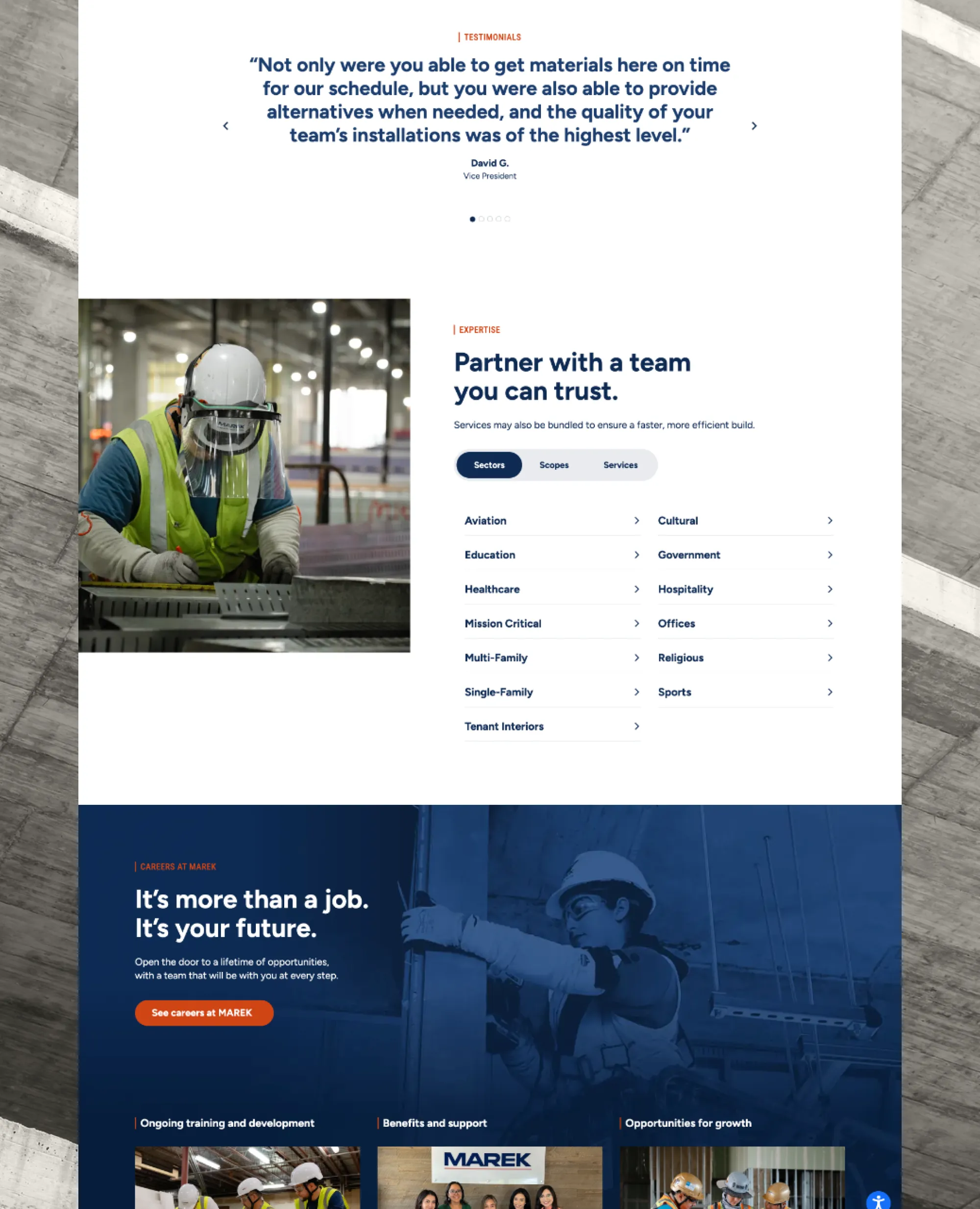 A MAREK website design page combining a customer testimonial, sector and scope navigation, and a careers call to action