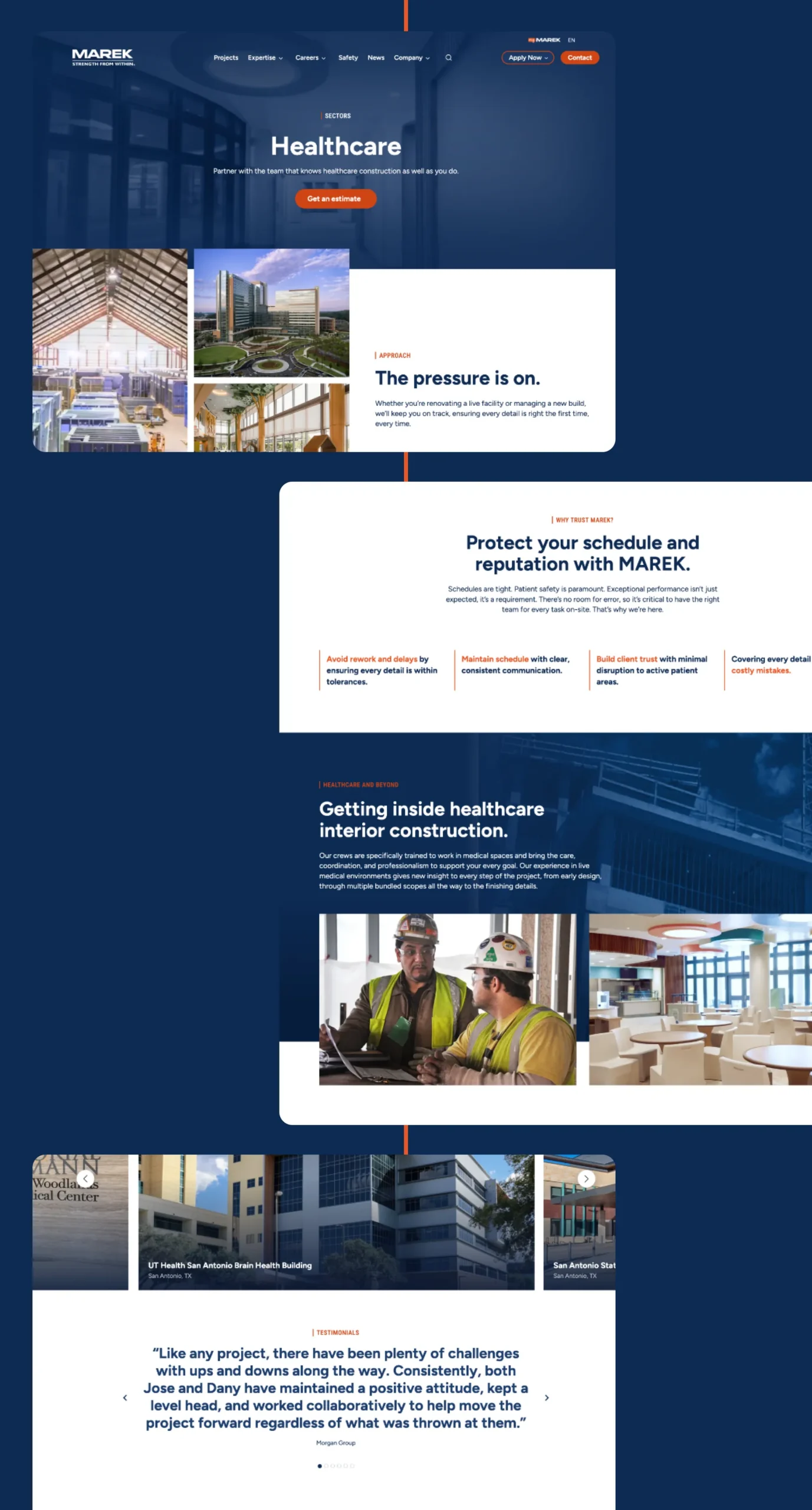 The Healthcare sector page of the MAREK website, showing the hero section, problem statement and case study content