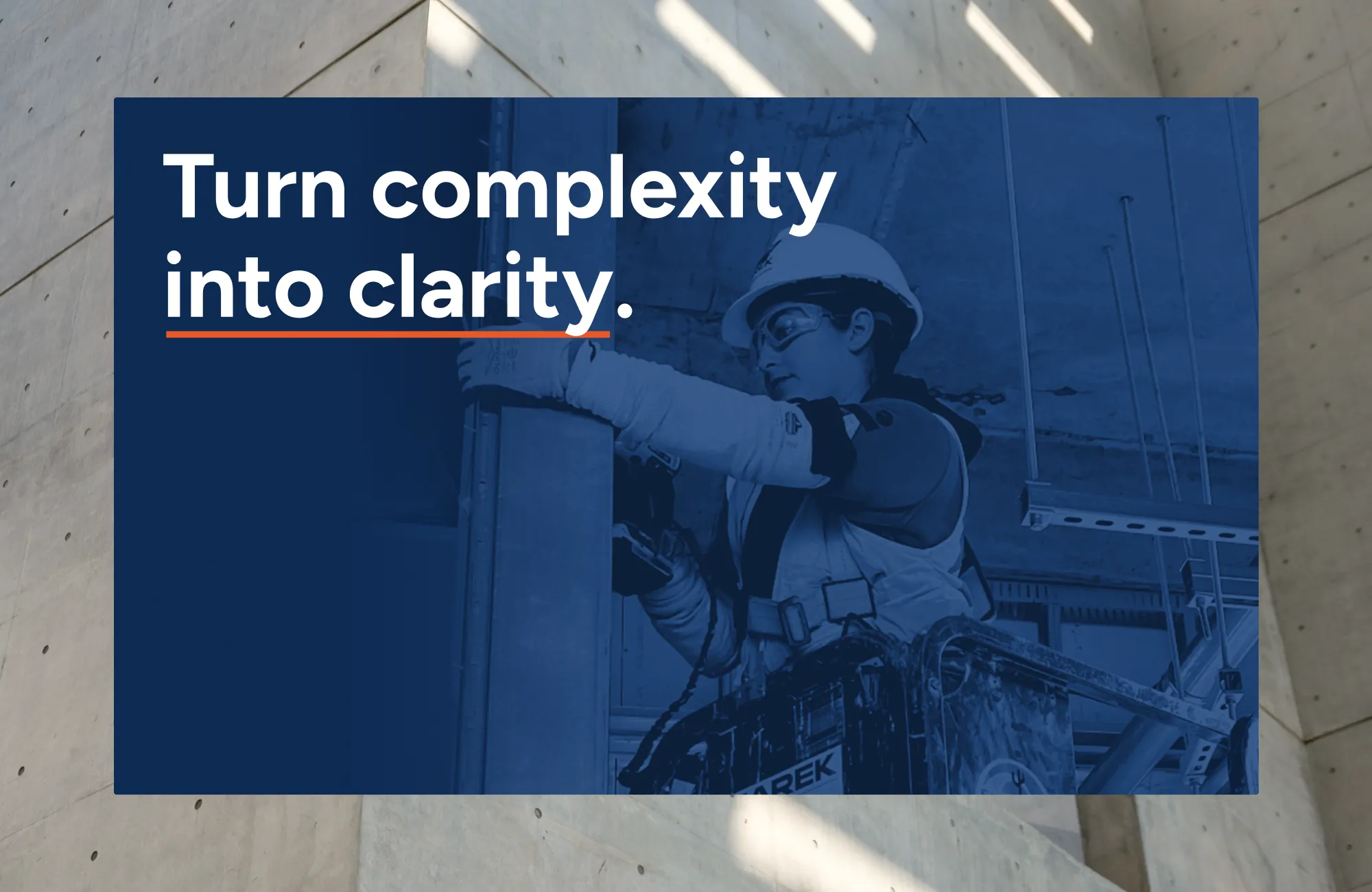 A block from the MAREK website with the headline "Turn complexity into clarity" over a duotone photo of a construction worker on a site