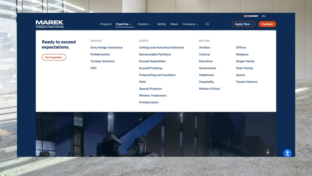 MAREK website mega menu showing Services, Scopes and Sectors navigation columns