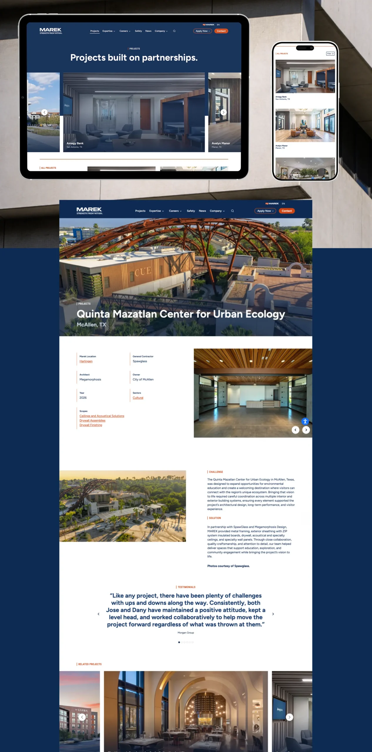 MAREK website project pages designed by Atomicdust, showing the Quinta Mazatlan Center for Urban Ecology case study, on tablet and mobile