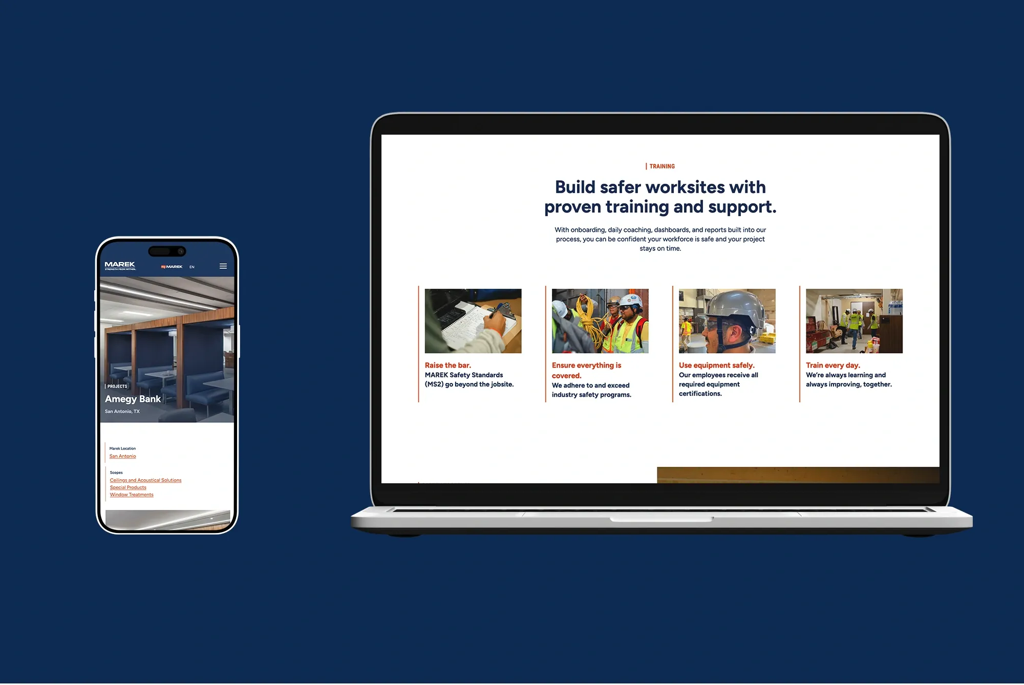 MAREK's website is mobile responsive, with pages shown on a phone and laptop