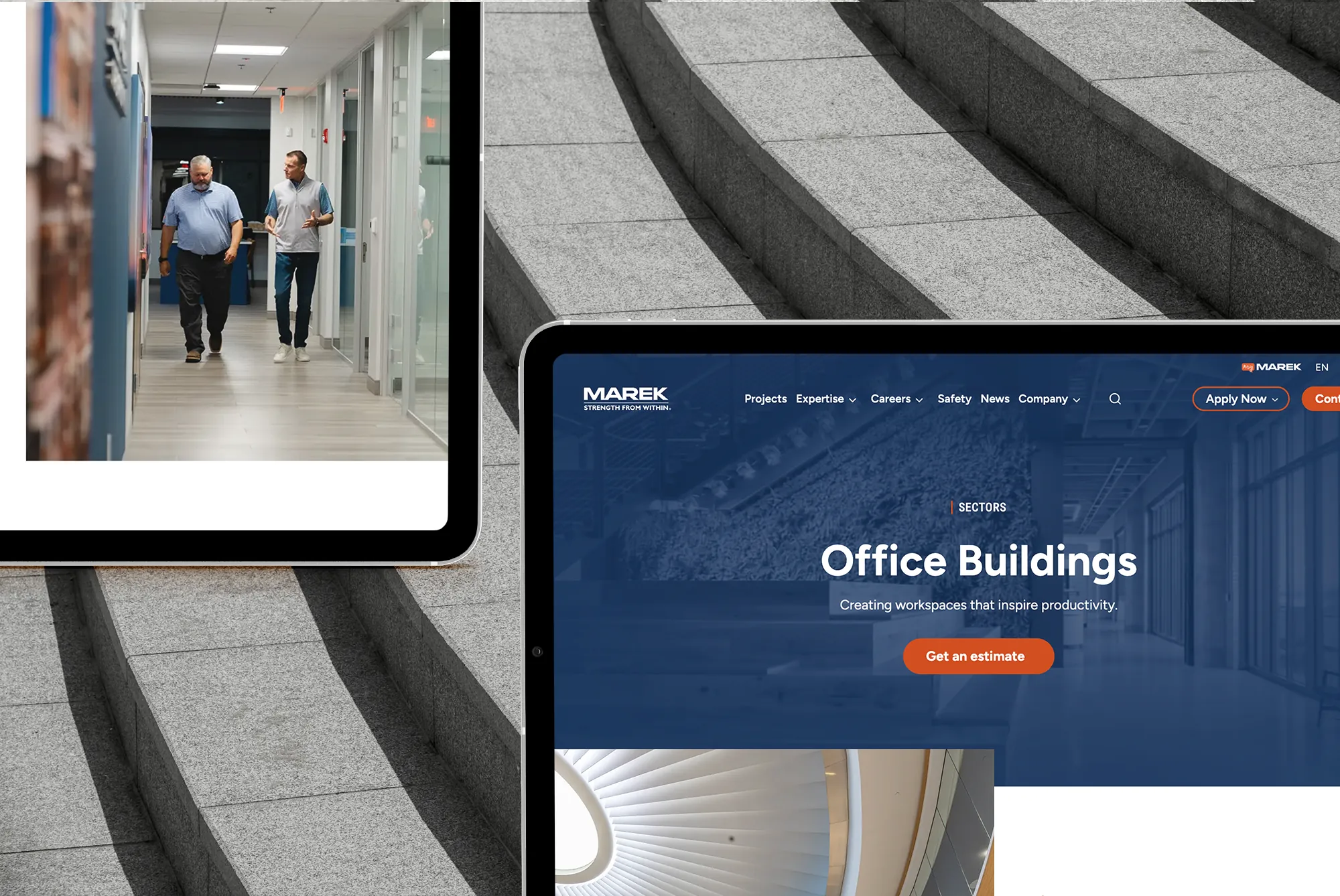 MAREK Office Buildings sector page hero next to a photo of two employees walking down an office hallway