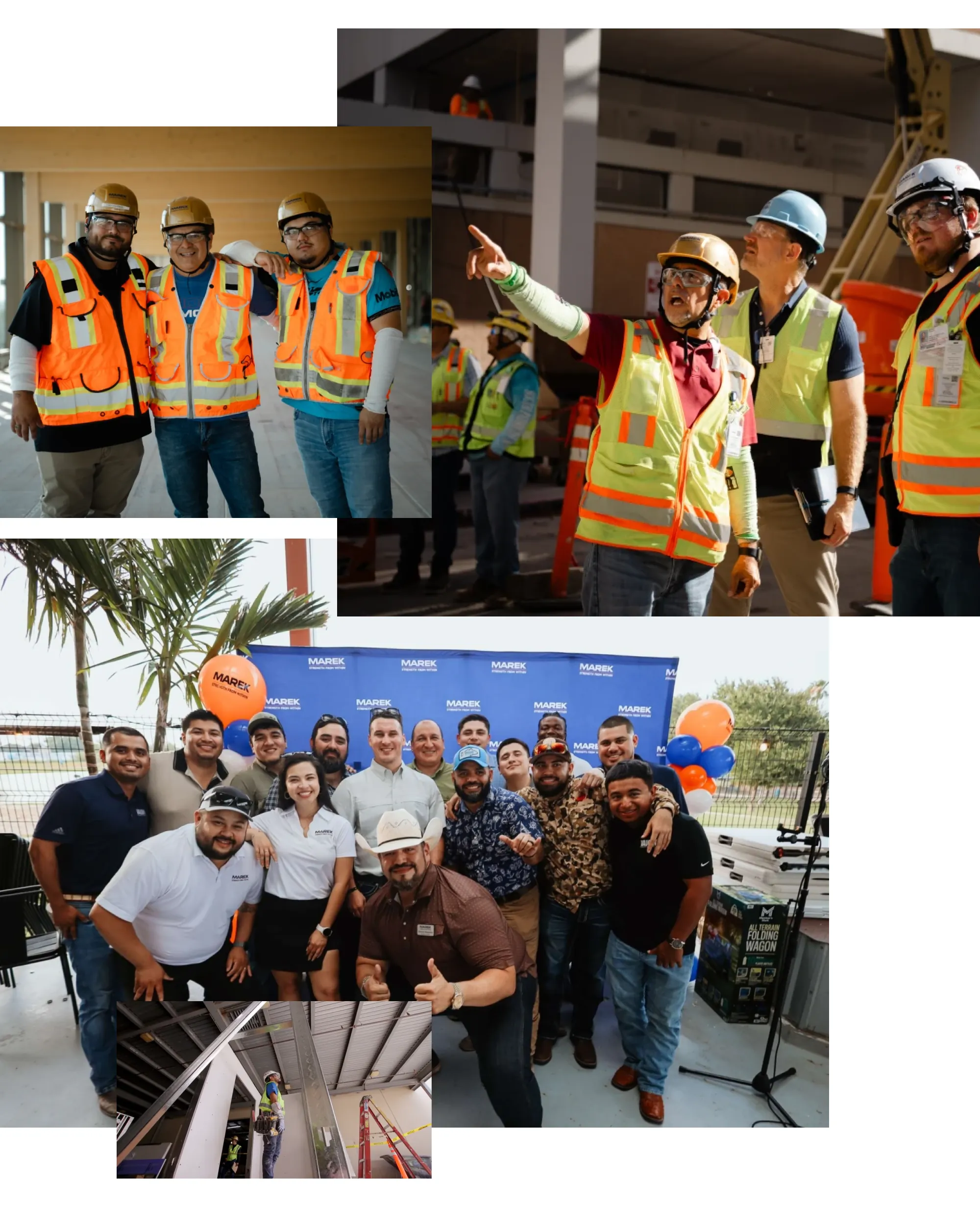 Collage of MAREK employee photos, including crew portraits and a team celebration event