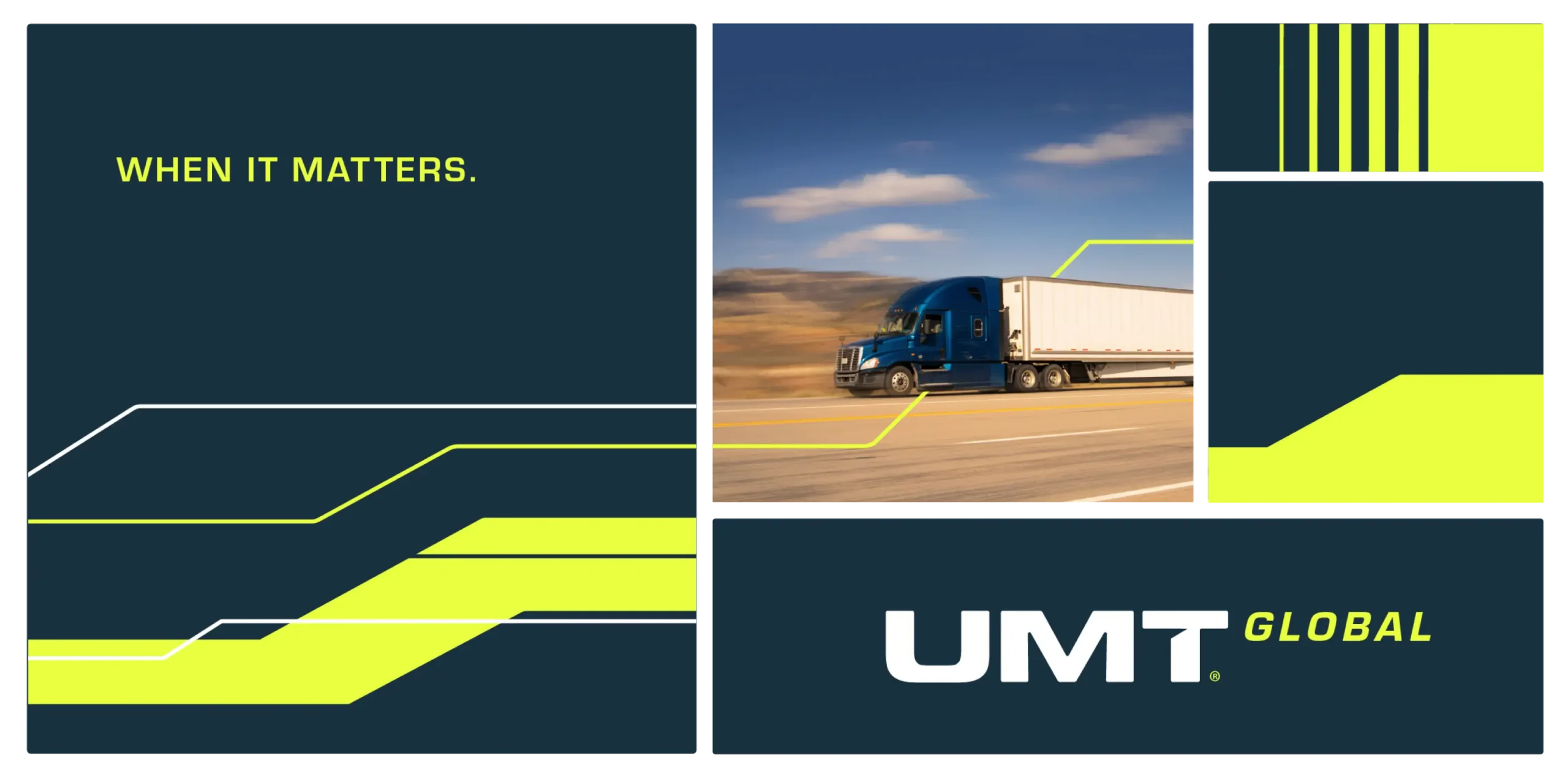UMT brand exploration board featuring the “When It Matters” tagline, brand graphics and the UMT Global logo