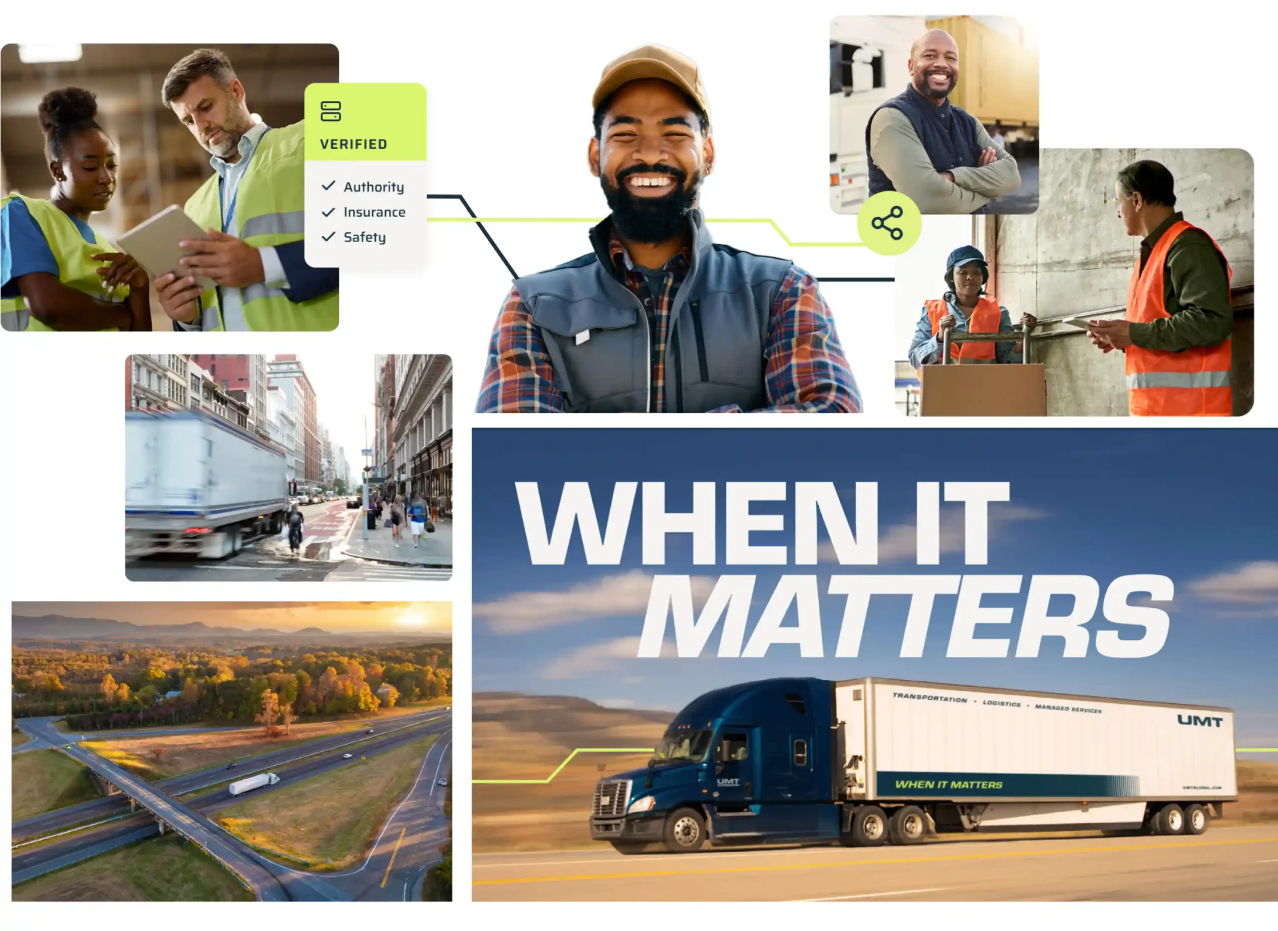Collage of UMT brand photography, including a driver portrait, warehouse team, a “Verified” credentials graphic and the UMT truck on the highway