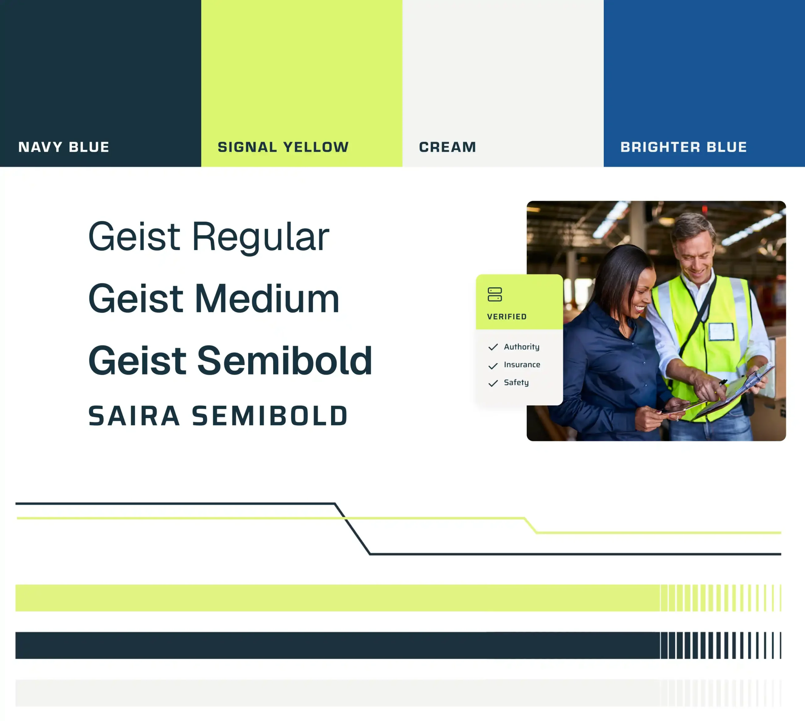 UMT brand color palette and typography, including navy blue, signal yellow, cream and the Geist and Saira typefaces