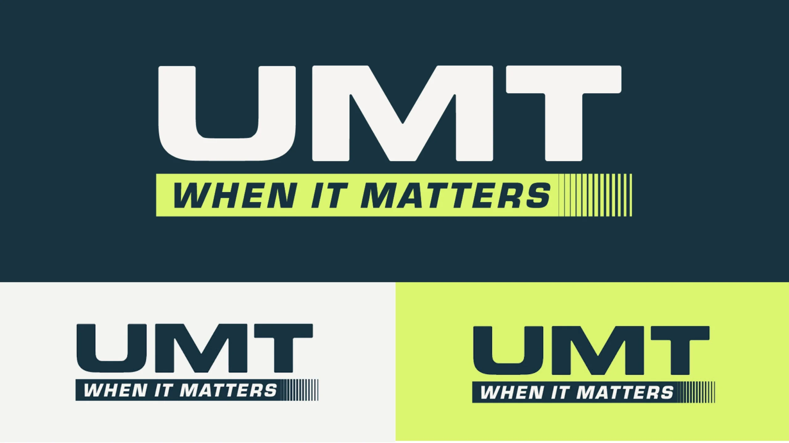 UMT logo lockup shown in reversed, dark and yellow color variations