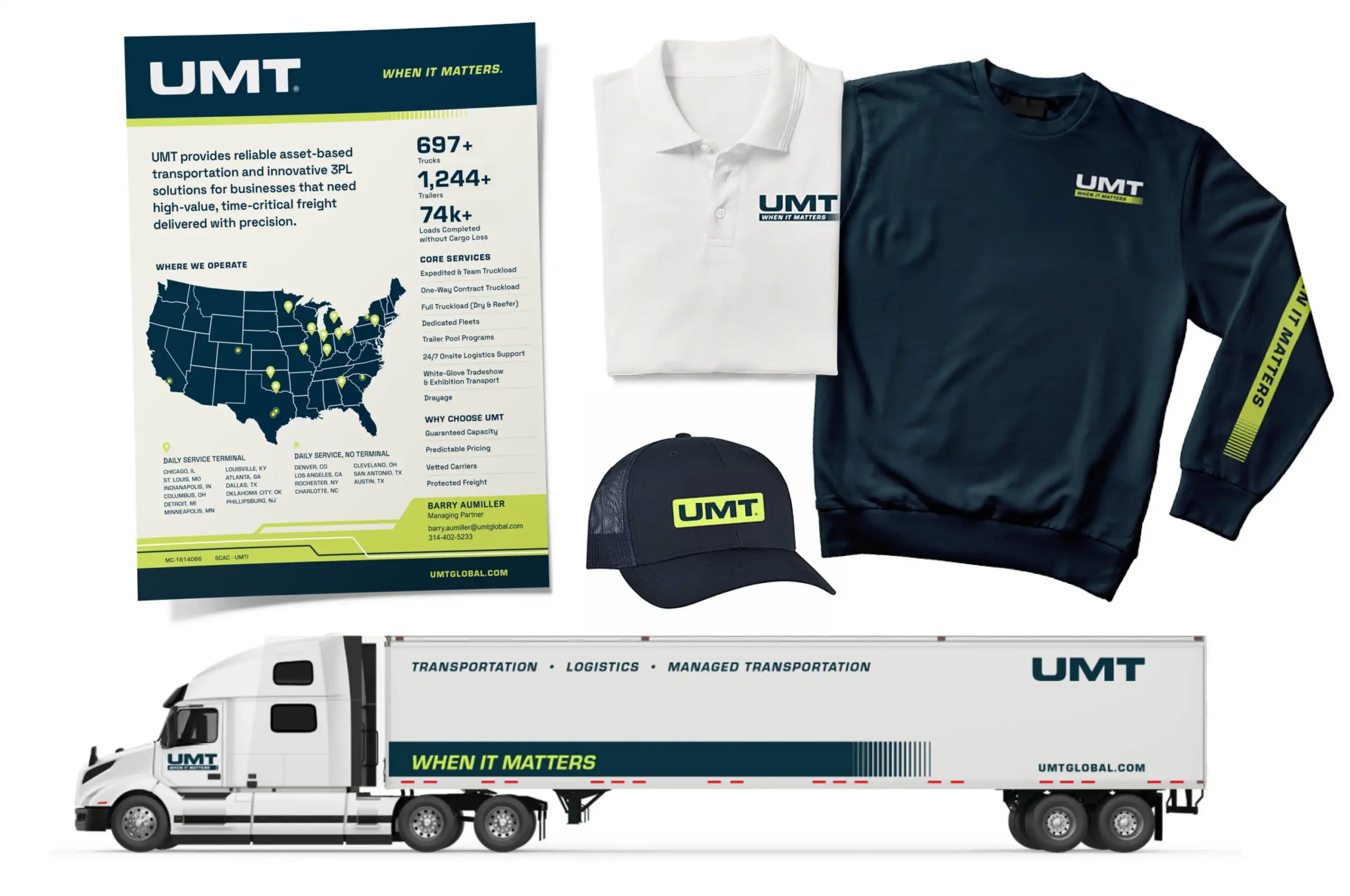 UMT sales collateral including a one-sheeter, branded polo, cap, sweatshirt and truck rendering
